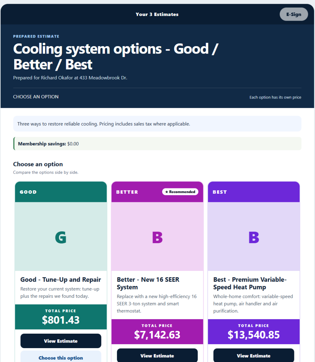 Customer review page showing Good, Better and Best options at $801.43, $7,142.63 and $13,540.85